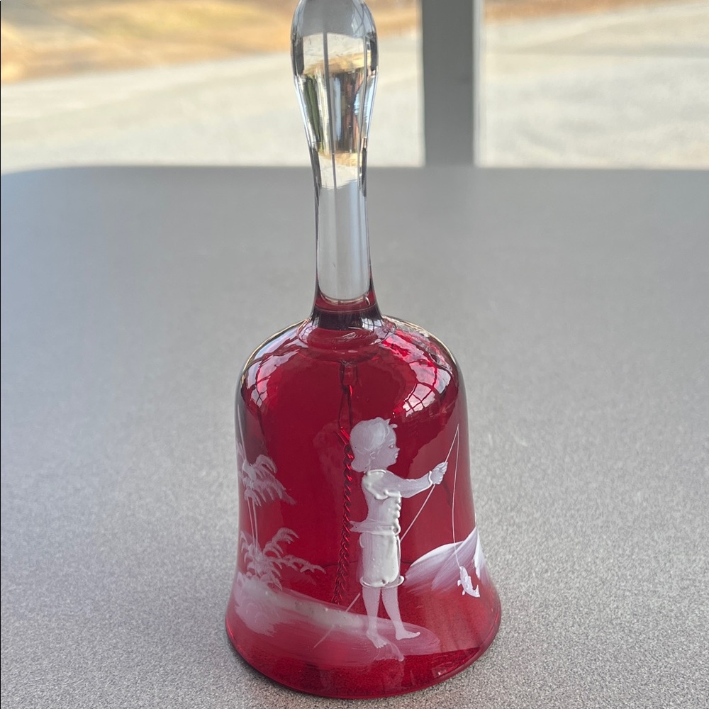 Fenton Mary Gregory Ruby Red Hand Painted Glass Bell Boy Fishing